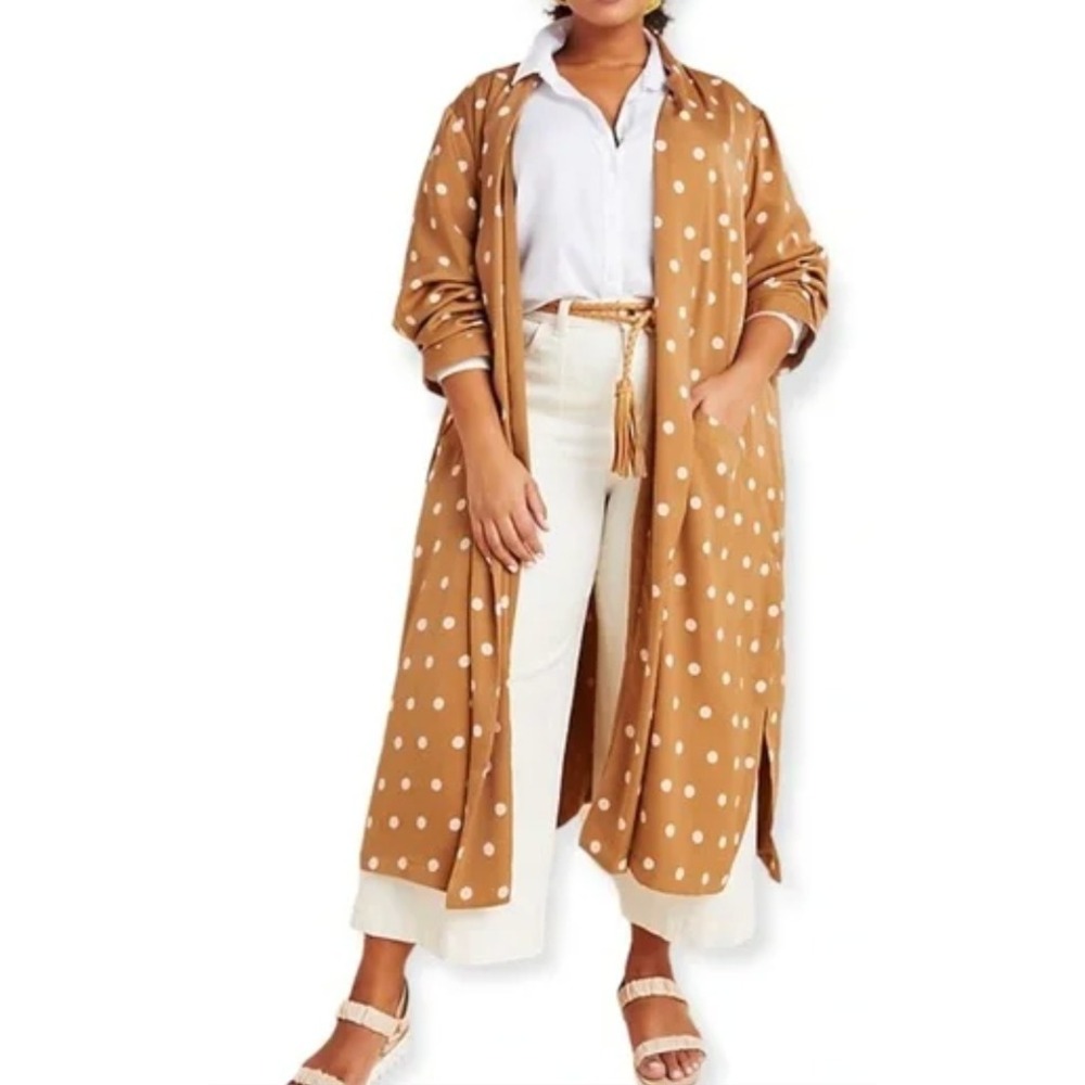BB Dakota Women's Deedra Size XS Duster Brown Polka Dot Long Sleeve Pockets NWT‎
